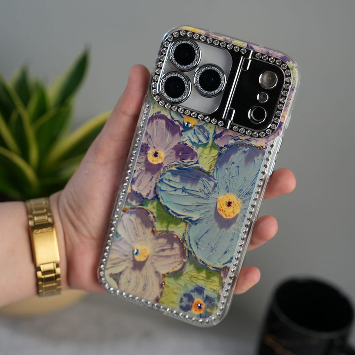 FRATO luxury Case iPhone 17 Pro Max iPhone Luxury 3D Oil Painting Floral Design Glitter Lens Protection Stand Cover | Green