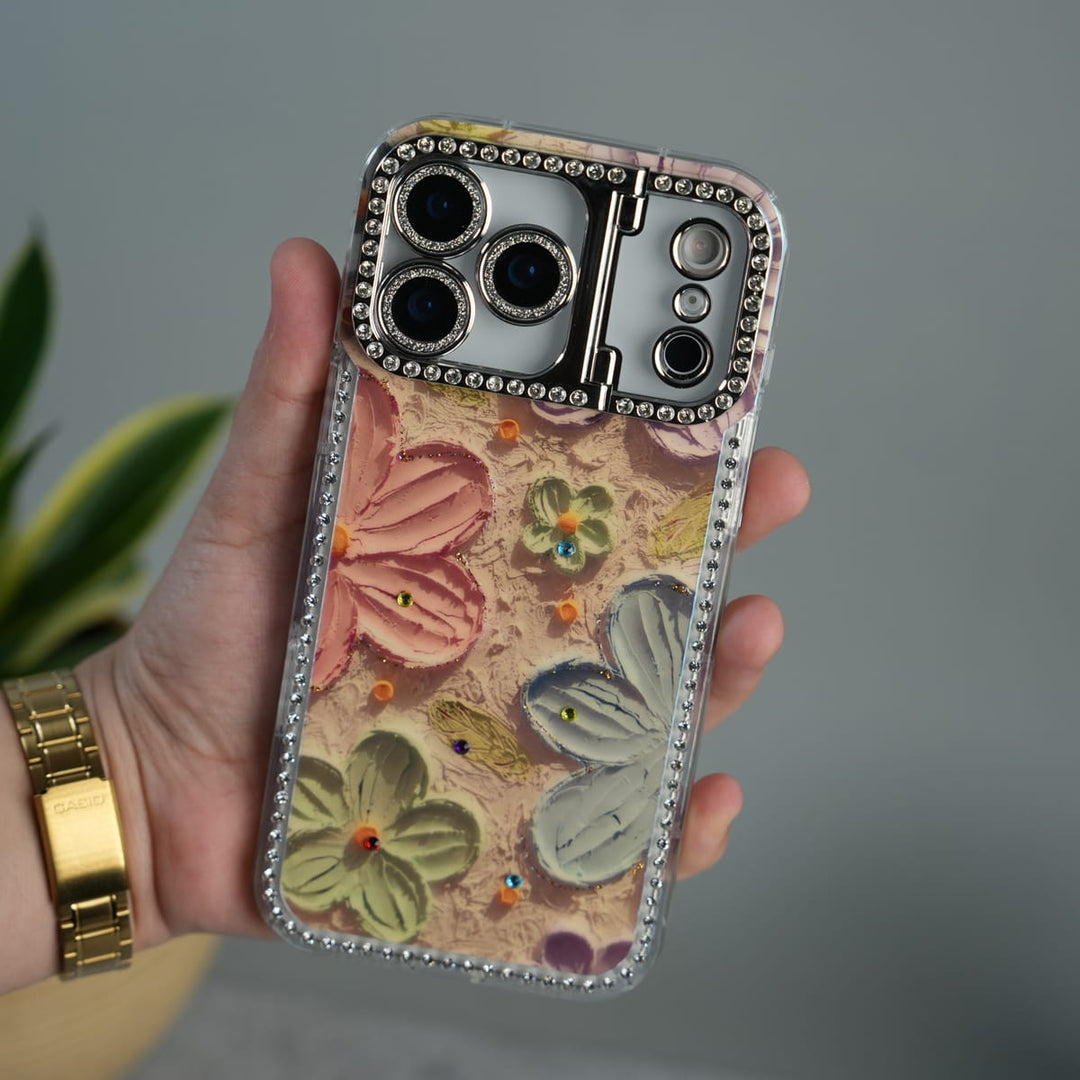 FRATO luxury Case iPhone 17 Pro Max iPhone Luxury 3D Oil Painting Floral Design Glitter Lens Protection Stand Cover | Orange