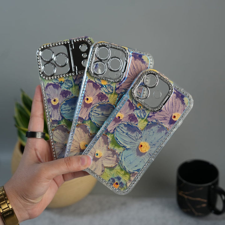 FRATO luxury Case iPhone Luxury 3D Oil Painting Floral Design Glitter Lens Protection Stand Cover | Green