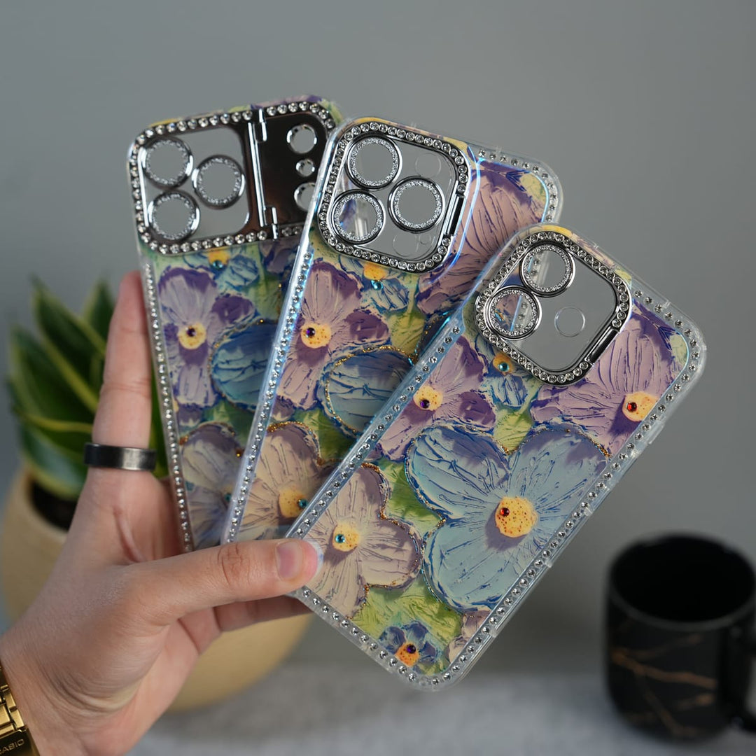FRATO luxury Case iPhone Luxury 3D Oil Painting Floral Design Glitter Lens Protection Stand Cover | Green
