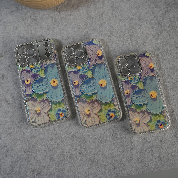 FRATO luxury Case iPhone Luxury 3D Oil Painting Floral Design Glitter Lens Protection Stand Cover | Green