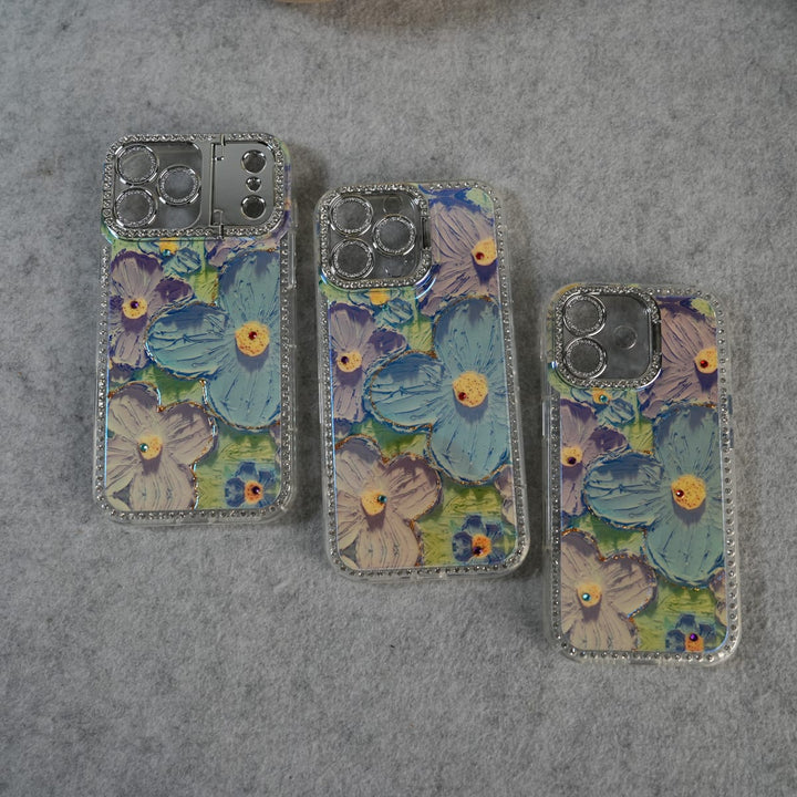 FRATO luxury Case iPhone Luxury 3D Oil Painting Floral Design Glitter Lens Protection Stand Cover | Green