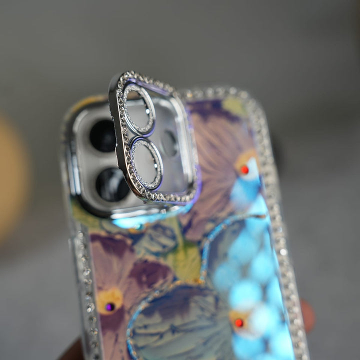 FRATO luxury Case iPhone Luxury 3D Oil Painting Floral Design Glitter Lens Protection Stand Cover | Green
