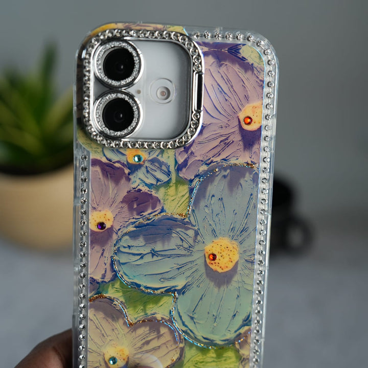 FRATO luxury Case iPhone Luxury 3D Oil Painting Floral Design Glitter Lens Protection Stand Cover | Green