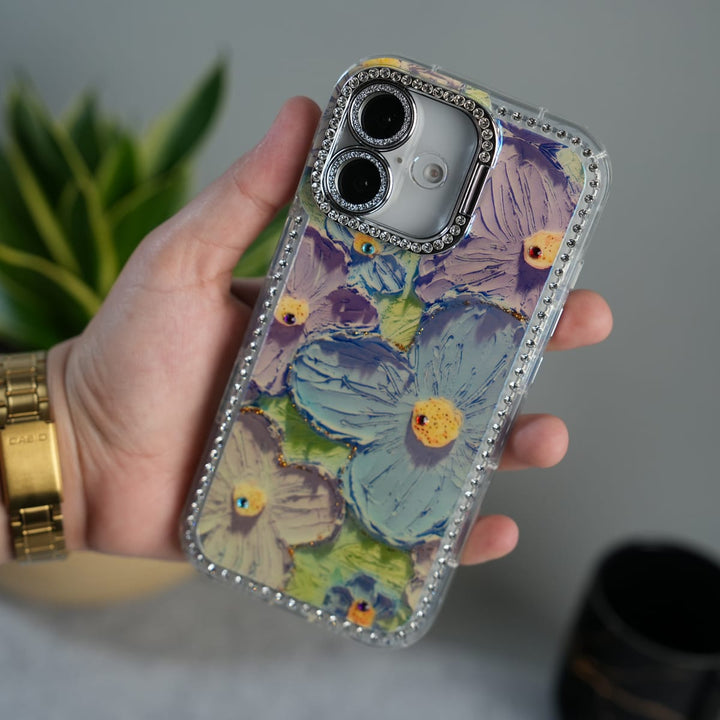 FRATO luxury Case iPhone Luxury 3D Oil Painting Floral Design Glitter Lens Protection Stand Cover | Green