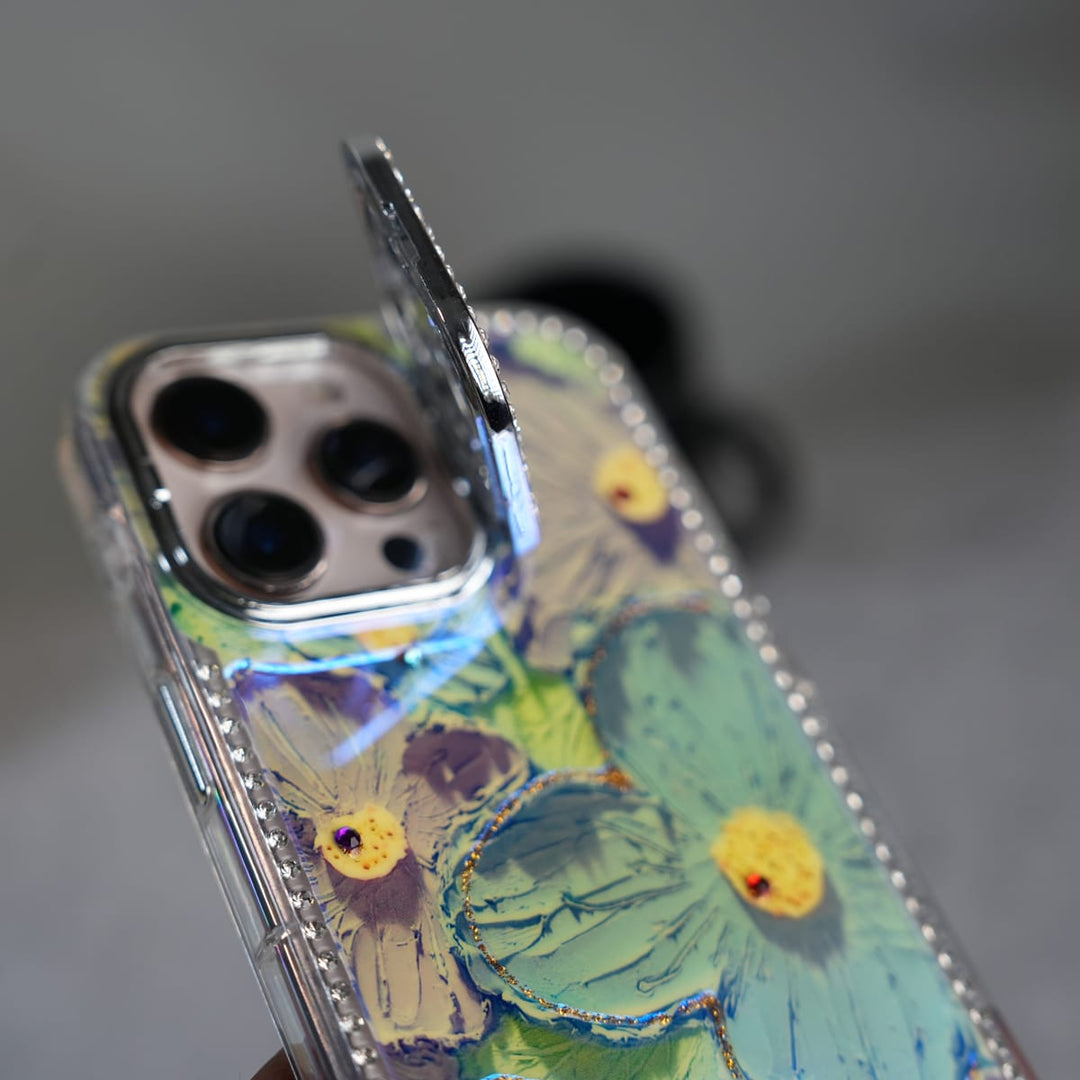 FRATO luxury Case iPhone Luxury 3D Oil Painting Floral Design Glitter Lens Protection Stand Cover | Green