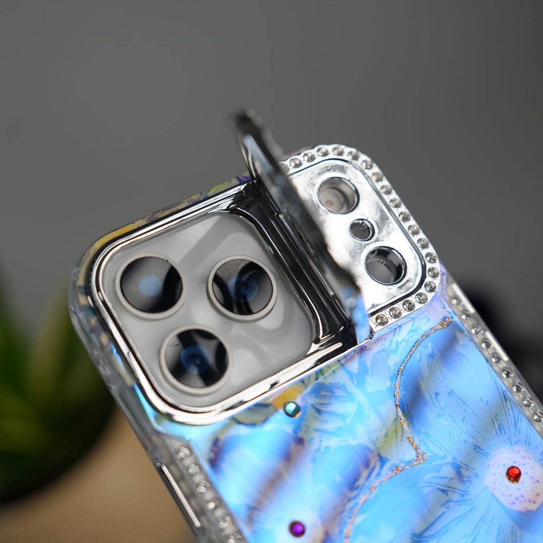 FRATO luxury Case iPhone Luxury 3D Oil Painting Floral Design Glitter Lens Protection Stand Cover | Green
