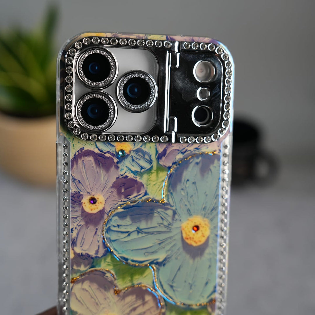 FRATO luxury Case iPhone Luxury 3D Oil Painting Floral Design Glitter Lens Protection Stand Cover | Green