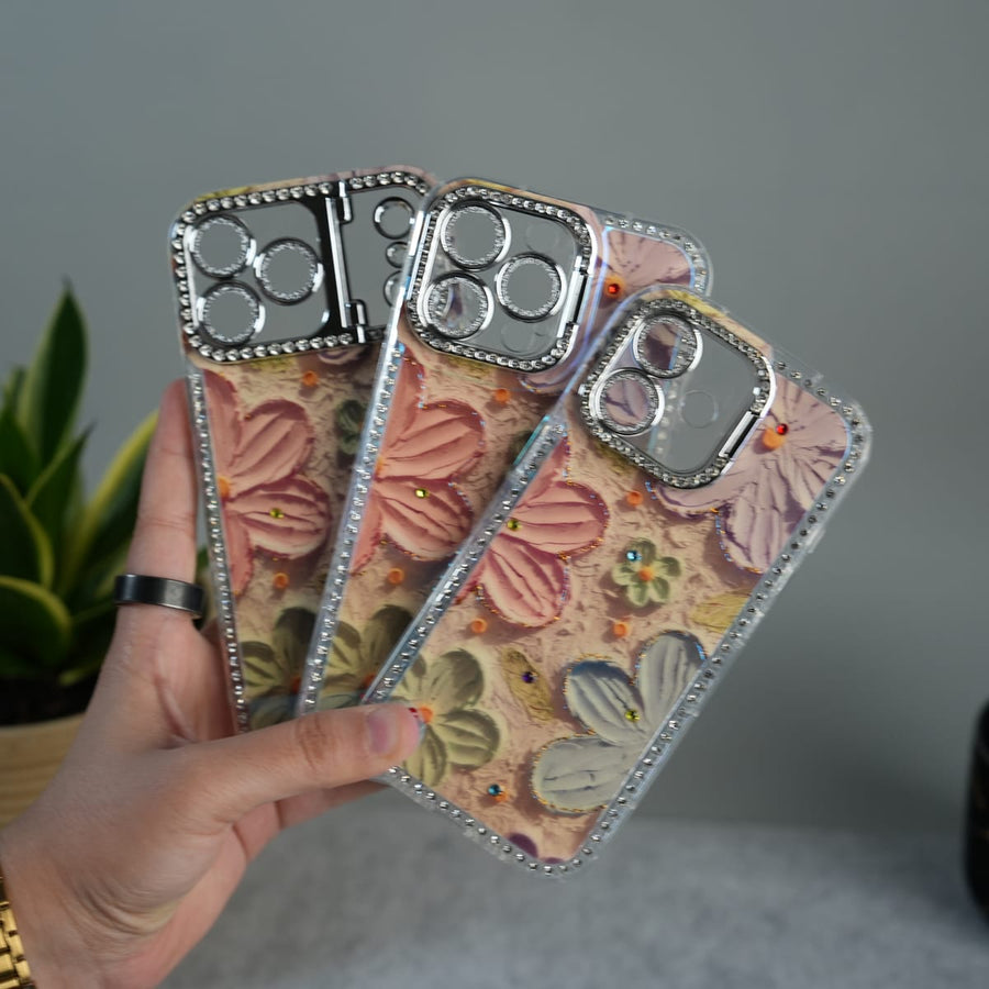 FRATO luxury Case iPhone Luxury 3D Oil Painting Floral Design Glitter Lens Protection Stand Cover | Orange