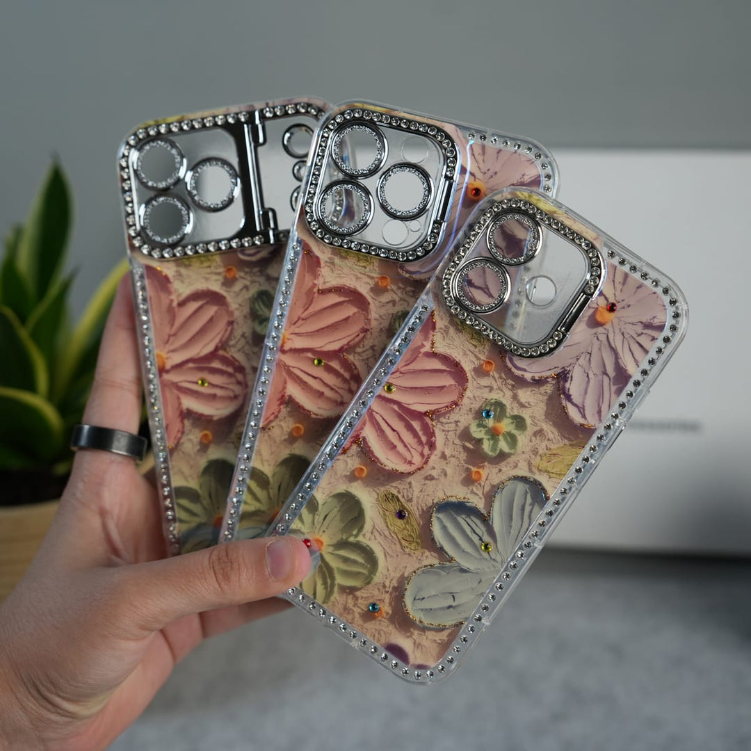 FRATO luxury Case iPhone Luxury 3D Oil Painting Floral Design Glitter Lens Protection Stand Cover | Orange