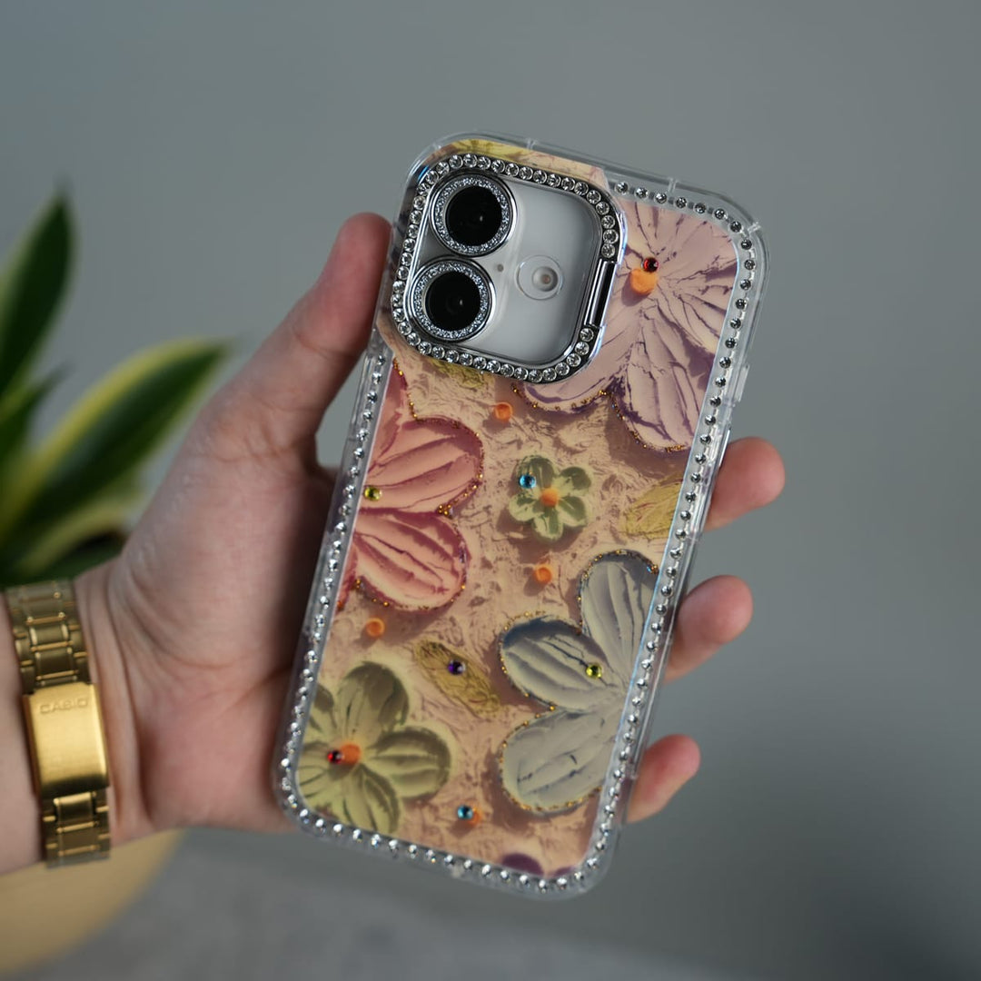 FRATO luxury Case iPhone Luxury 3D Oil Painting Floral Design Glitter Lens Protection Stand Cover | Orange