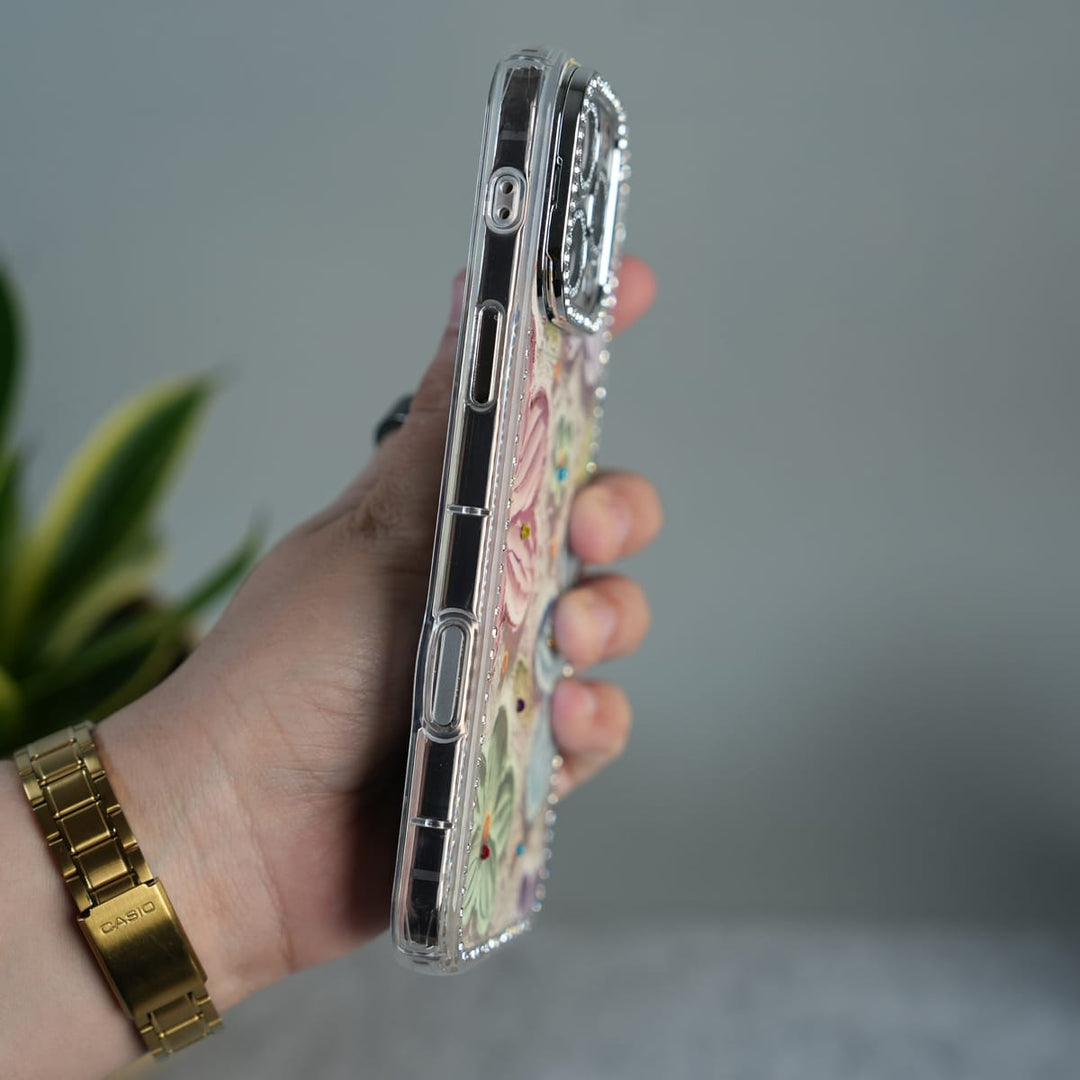 FRATO luxury Case iPhone Luxury 3D Oil Painting Floral Design Glitter Lens Protection Stand Cover | Orange