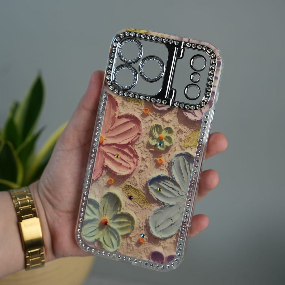 FRATO luxury Case iPhone Luxury 3D Oil Painting Floral Design Glitter Lens Protection Stand Cover | Orange