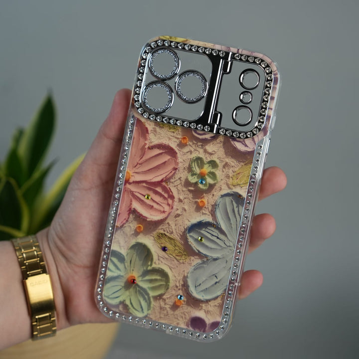 FRATO luxury Case iPhone Luxury 3D Oil Painting Floral Design Glitter Lens Protection Stand Cover | Orange