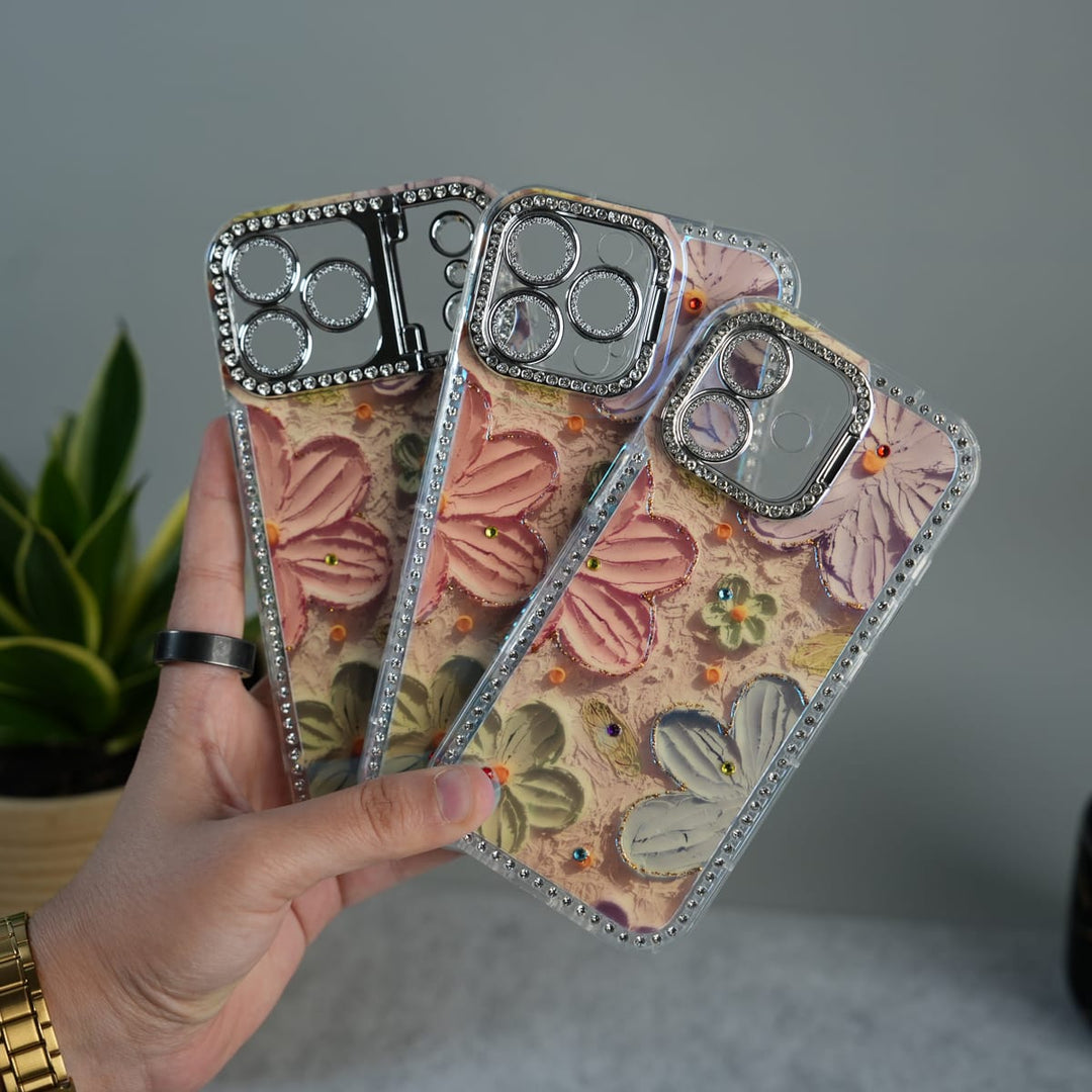 FRATO luxury Case iPhone Luxury 3D Oil Painting Floral Design Glitter Lens Protection Stand Cover | Orange