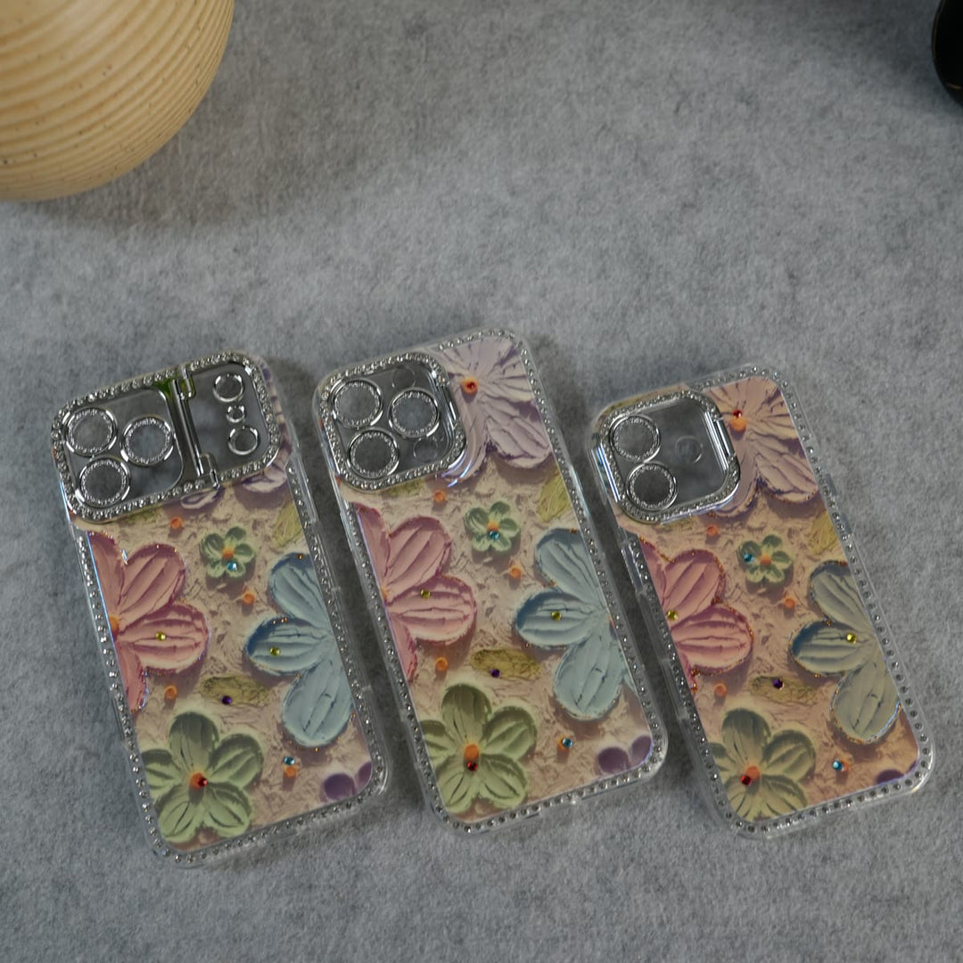 FRATO luxury Case iPhone Luxury 3D Oil Painting Floral Design Glitter Lens Protection Stand Cover | Orange