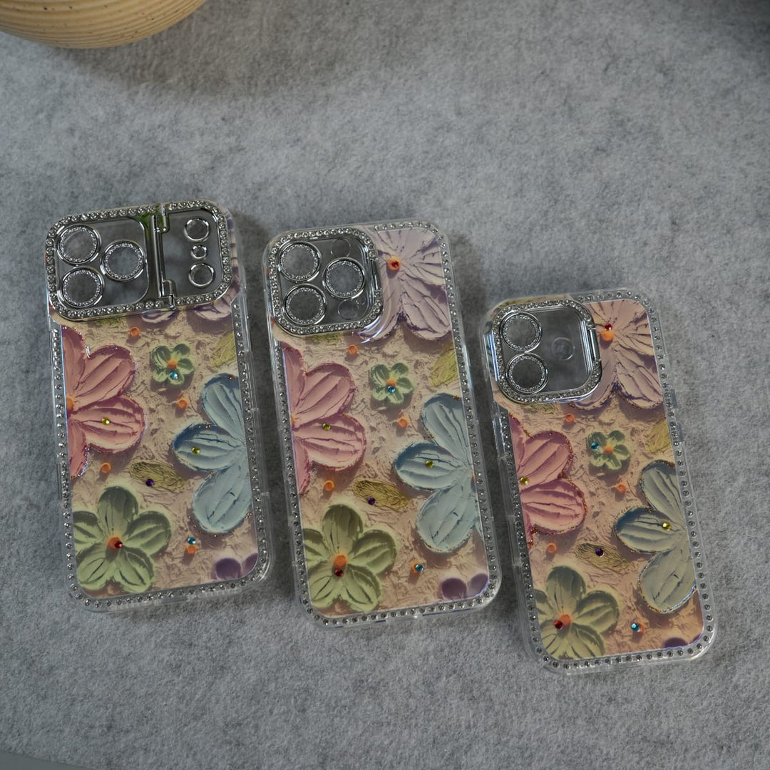 FRATO luxury Case iPhone Luxury 3D Oil Painting Floral Design Glitter Lens Protection Stand Cover | Orange