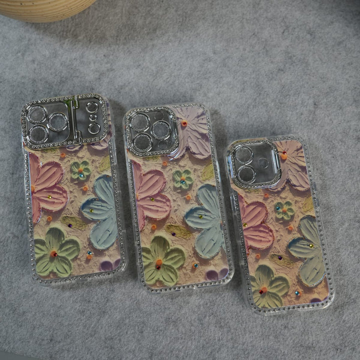FRATO luxury Case iPhone Luxury 3D Oil Painting Floral Design Glitter Lens Protection Stand Cover | Orange
