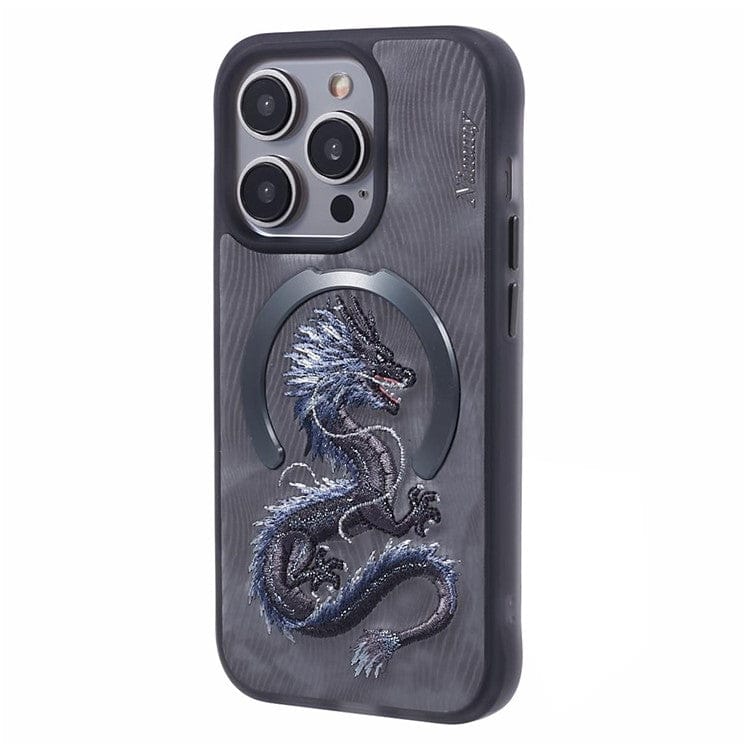 FRATO luxury Case iPhone Premium 3D Embroidered Animal Series Leather MagSafe Case Cover (Black Dragon)
