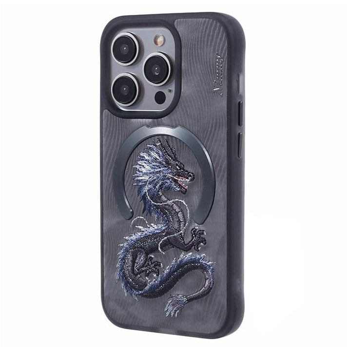 FRATO luxury Case iPhone Premium 3D Embroidered Animal Series Leather MagSafe Case Cover (Black Dragon)