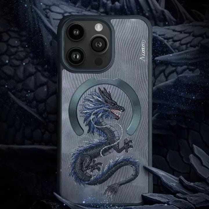 FRATO luxury Case iPhone Premium 3D Embroidered Animal Series Leather MagSafe Case Cover (Black Dragon)