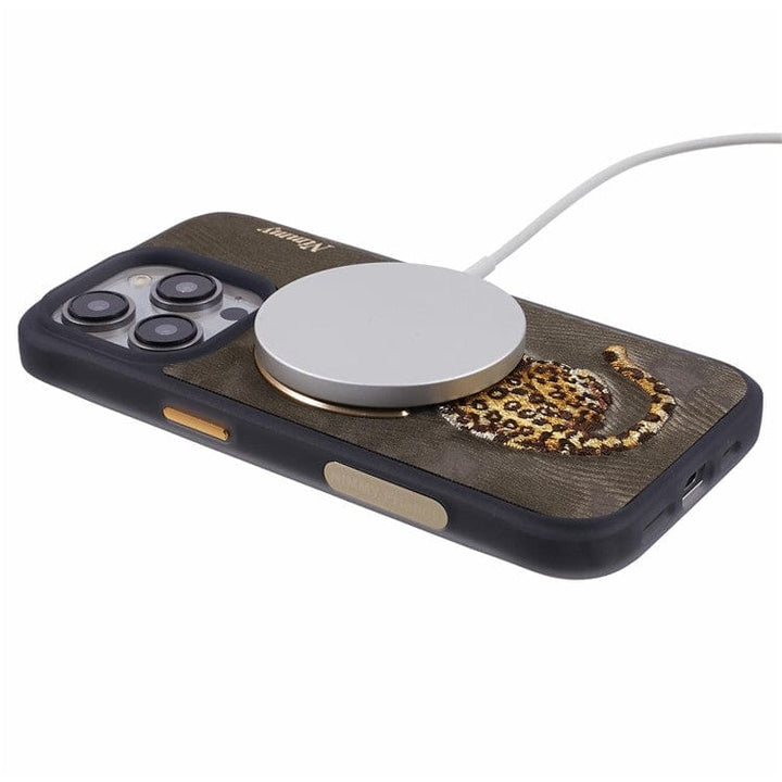 FRATO luxury Case iPhone Premium 3D Embroidered Animal Series Leather MagSafe Case Cover (Golden Leopard)