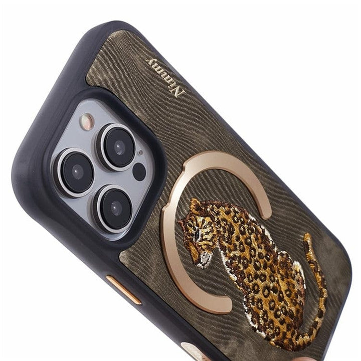 FRATO luxury Case iPhone Premium 3D Embroidered Animal Series Leather MagSafe Case Cover (Golden Leopard)