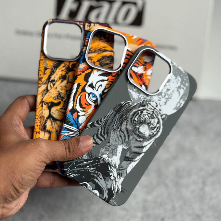 FRATO luxury Case iPhone Series Carbon Fiber Texture Tiger Lion Design Hard Pc MagSafe Case Cover