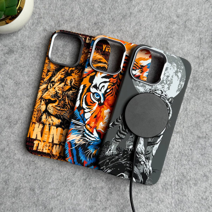 FRATO luxury Case iPhone Series Carbon Fiber Texture Tiger Lion Design Hard Pc MagSafe Case Cover