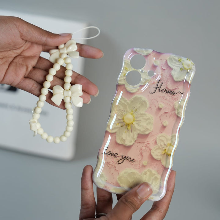 FRATO luxury Case iPhone Series Cute Floral Wavy Glossy Case with Beaded Bow Charm