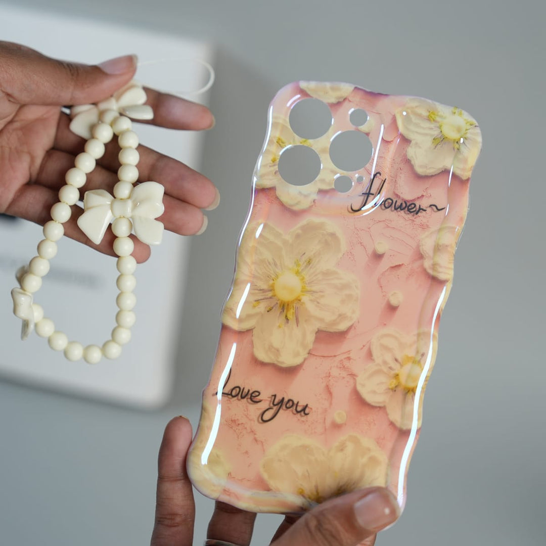 FRATO luxury Case iPhone Series Cute Floral Wavy Glossy Case with Beaded Bow Charm