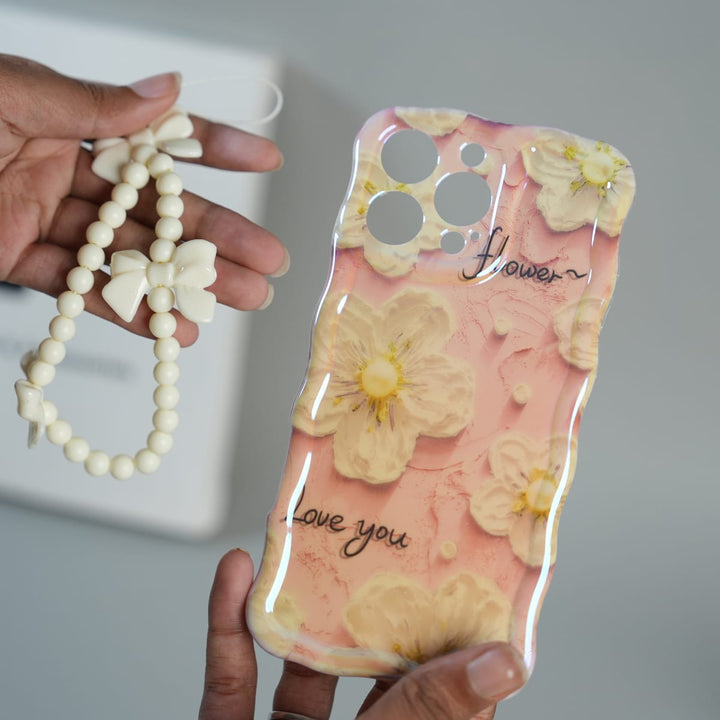 FRATO luxury Case iPhone Series Cute Floral Wavy Glossy Case with Beaded Bow Charm