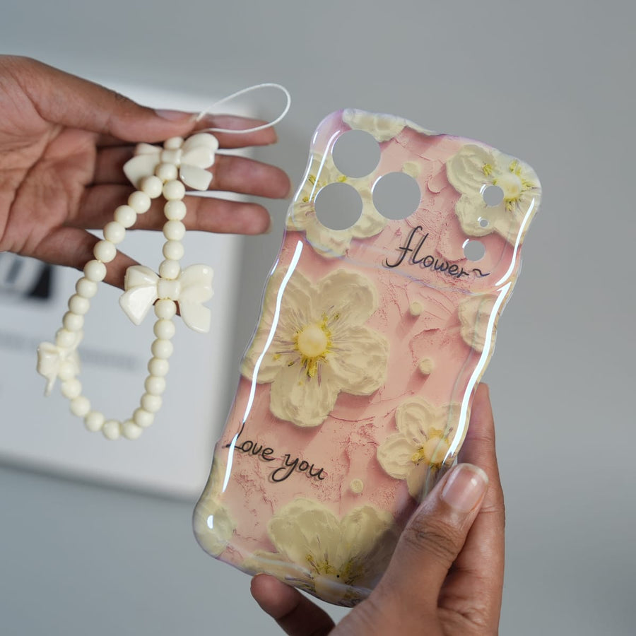 FRATO luxury Case iPhone Series Cute Floral Wavy Glossy Case with Beaded Bow Charm