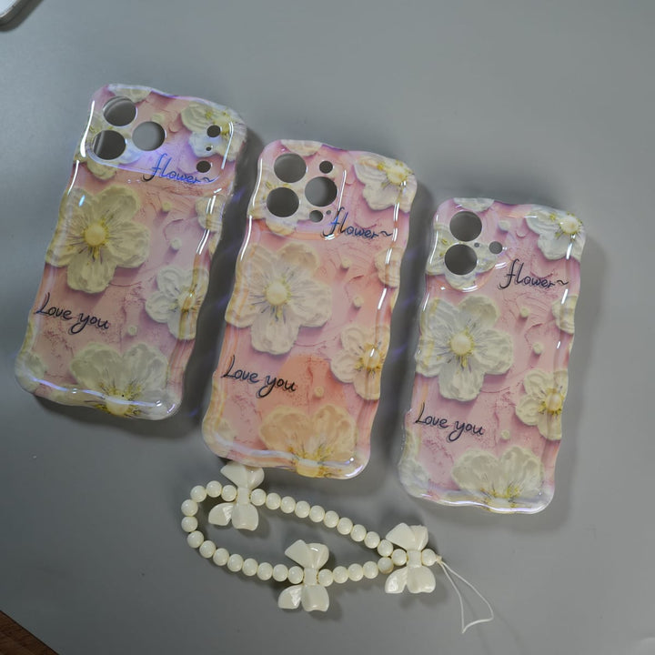 FRATO luxury Case iPhone Series Cute Floral Wavy Glossy Case with Beaded Bow Charm
