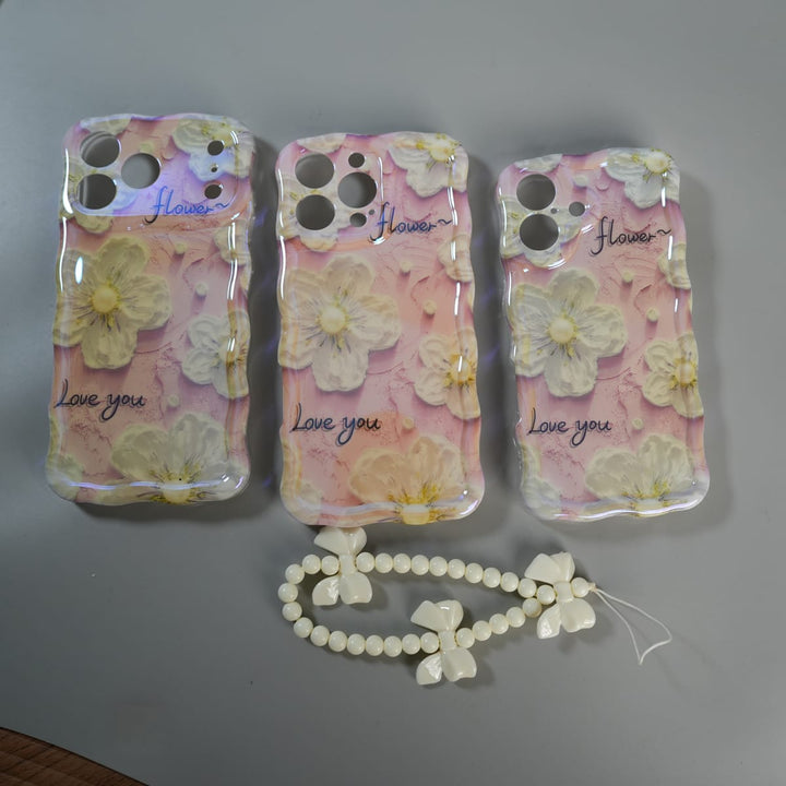 FRATO luxury Case iPhone Series Cute Floral Wavy Glossy Case with Beaded Bow Charm