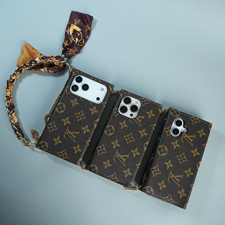 FRATO luxury Case iPhone Series Luxury Monogram Lock Wallet Case with Scarf Chain Strap