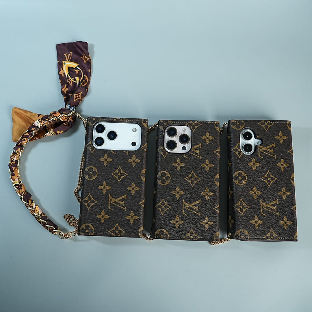 FRATO luxury Case iPhone Series Luxury Monogram Lock Wallet Case with Scarf Chain Strap
