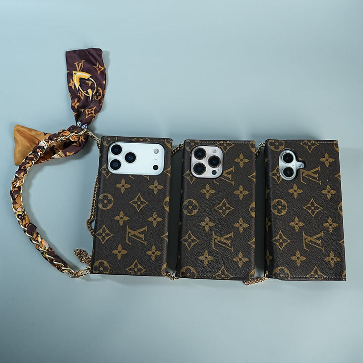 FRATO luxury Case iPhone Series Luxury Monogram Lock Wallet Case with Scarf Chain Strap