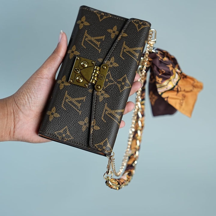 FRATO luxury Case iPhone Series Luxury Monogram Lock Wallet Case with Scarf Chain Strap