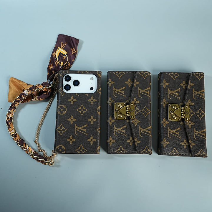 FRATO luxury Case iPhone Series Luxury Monogram Lock Wallet Case with Scarf Chain Strap