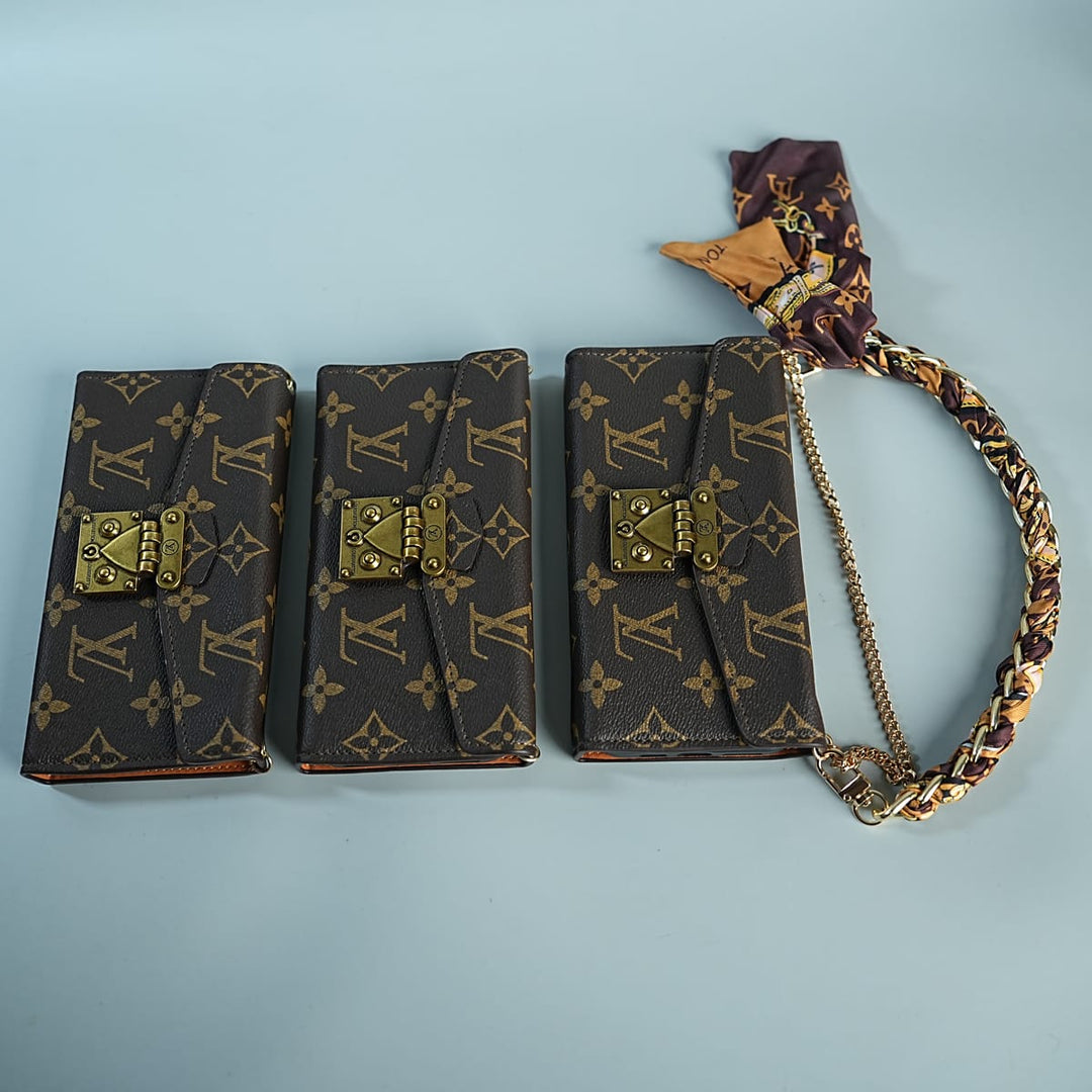 FRATO luxury Case iPhone Series Luxury Monogram Lock Wallet Case with Scarf Chain Strap