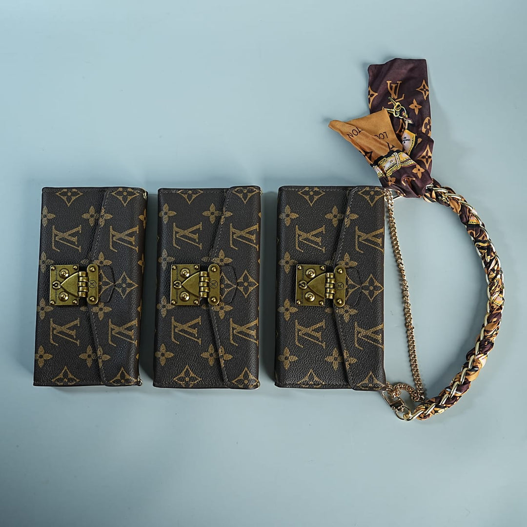 FRATO luxury Case iPhone Series Luxury Monogram Lock Wallet Case with Scarf Chain Strap
