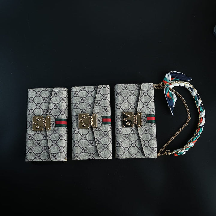 FRATO luxury Case iPhone Series Luxury Monogram PU Leather Wallet Case with Braided Chain Strap