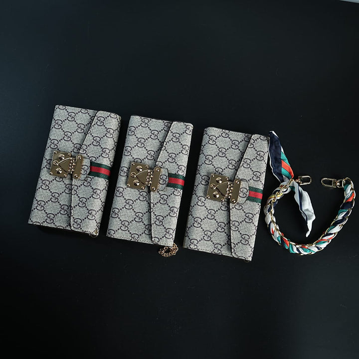 FRATO luxury Case iPhone Series Luxury Monogram PU Leather Wallet Case with Braided Chain Strap