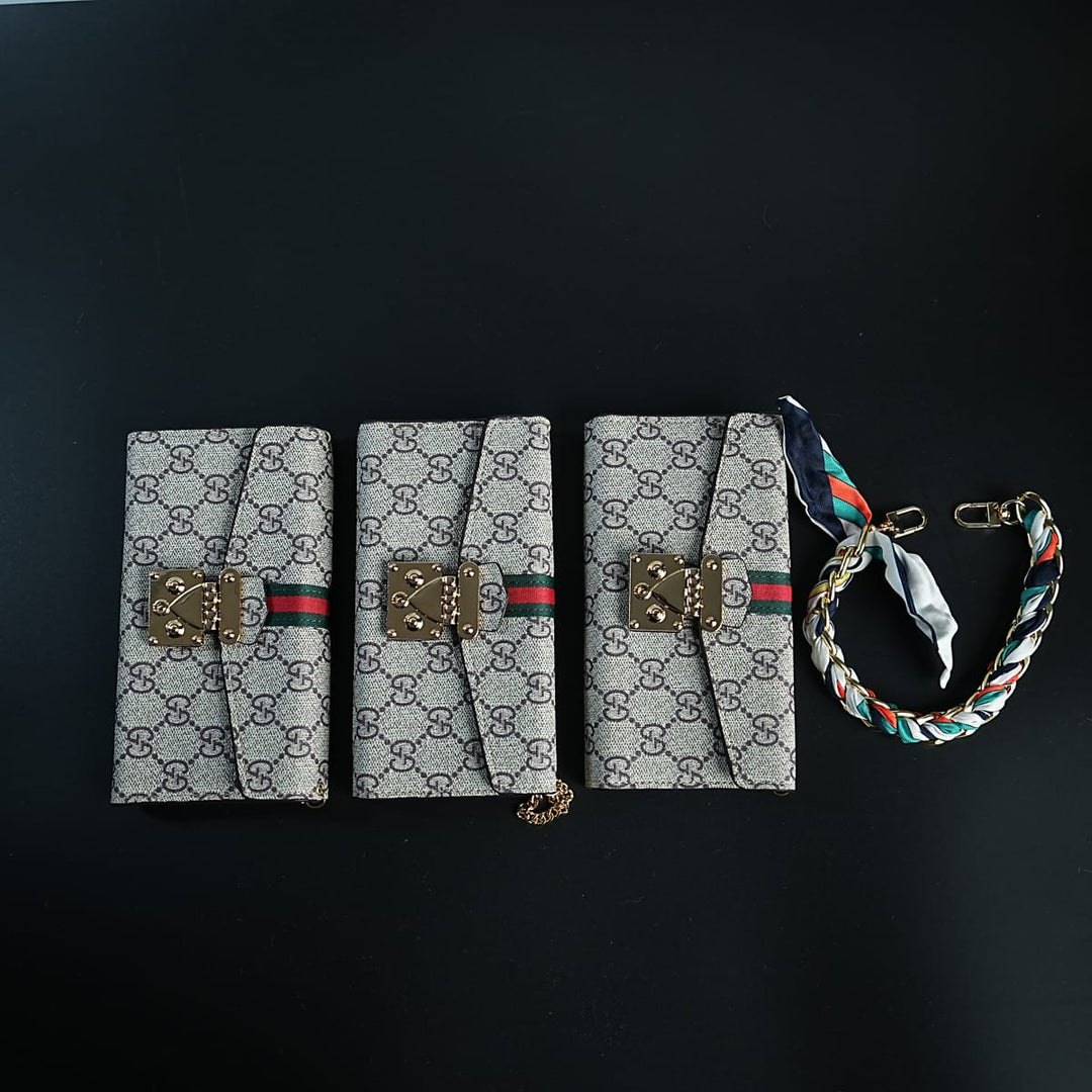 FRATO luxury Case iPhone Series Luxury Monogram PU Leather Wallet Case with Braided Chain Strap
