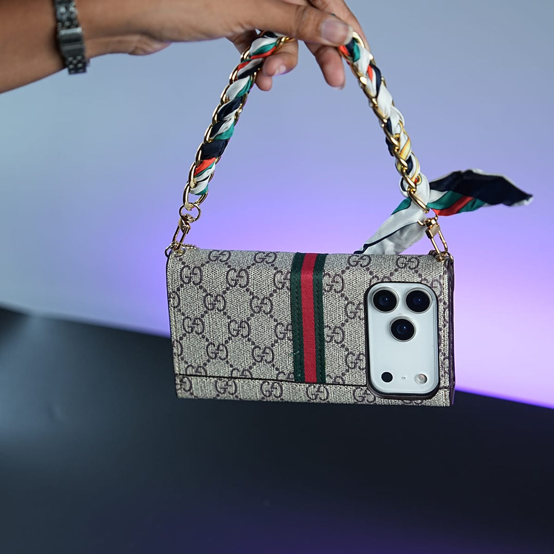 FRATO luxury Case iPhone Series Luxury Monogram PU Leather Wallet Case with Braided Chain Strap
