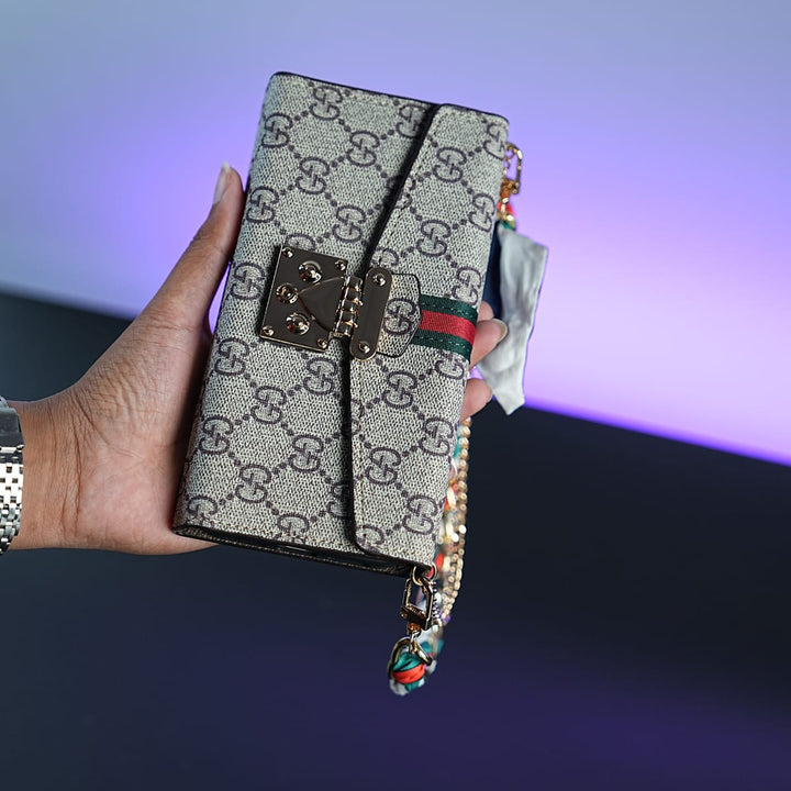 FRATO luxury Case iPhone Series Luxury Monogram PU Leather Wallet Case with Braided Chain Strap