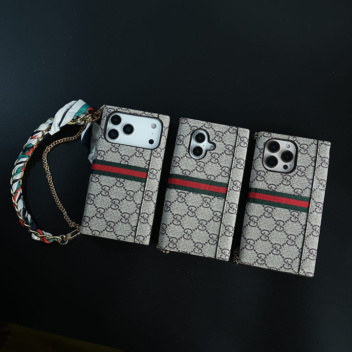 FRATO luxury Case iPhone Series Luxury Monogram PU Leather Wallet Case with Braided Chain Strap