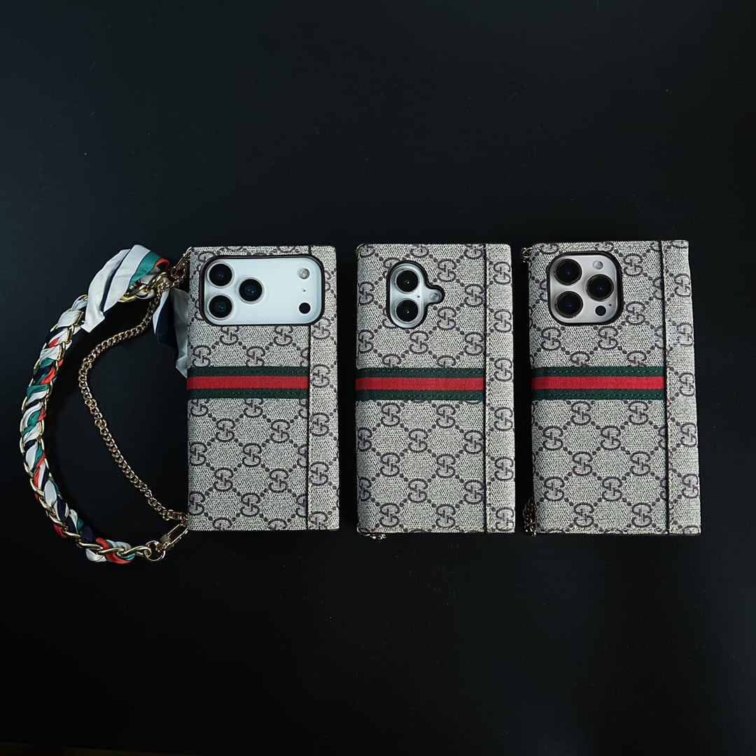 FRATO luxury Case iPhone Series Luxury Monogram PU Leather Wallet Case with Braided Chain Strap