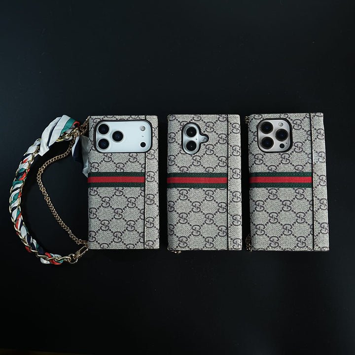 FRATO luxury Case iPhone Series Luxury Monogram PU Leather Wallet Case with Braided Chain Strap